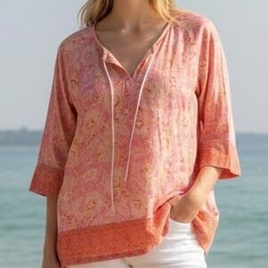 Eddie Bauer Floral Paisley Tunic Top Womens M Boho Coastal Peasant Vacation